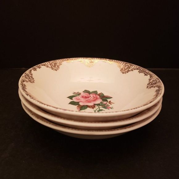 American Rose Dessert Fruit Bowls Small Paden City Pink Roses Gold Vintage Lot 3 - Picture 2 of 10